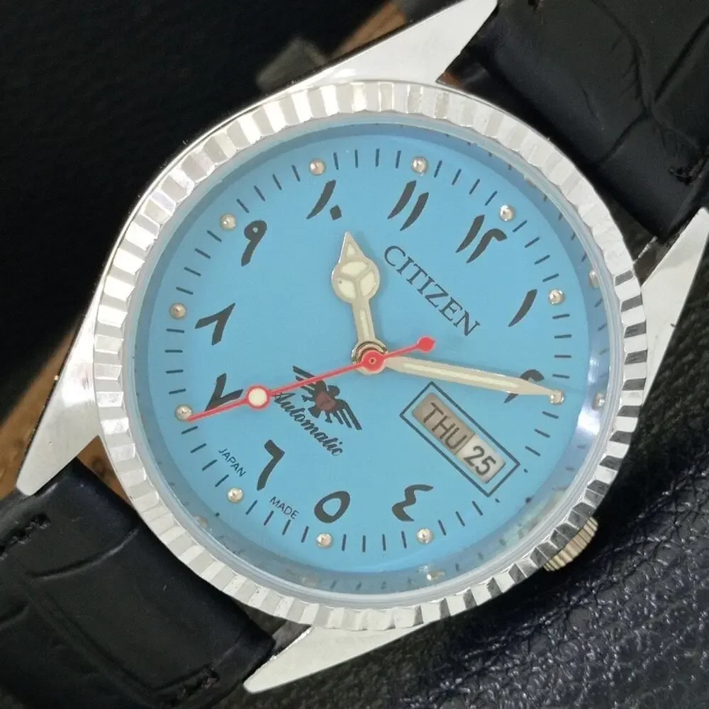 Vintage 1981 Citizen Automatic Mens Silver Watch W/daydate & Blue accents